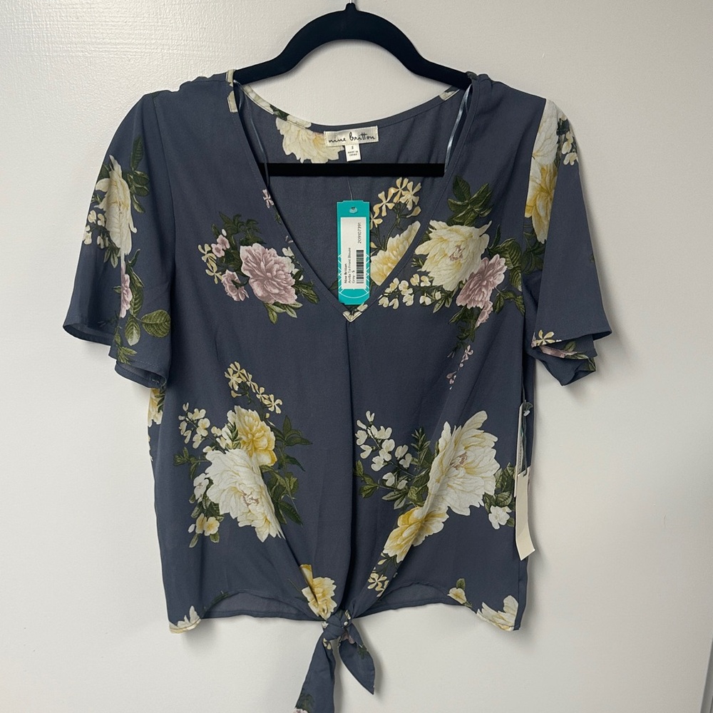 Nine Britton Slate Blue Floral Tie-Front Blouse with Cream & Pink Flowers